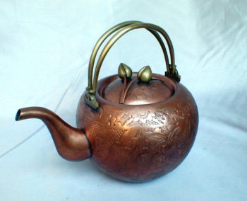 Exquisite Chinese Copper Tea Pot with Double Bail Brass Handles