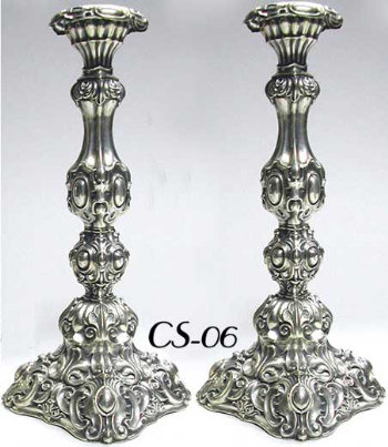 Pair of Lavishly Decorated Antique Silver Sabbath Candlesticks