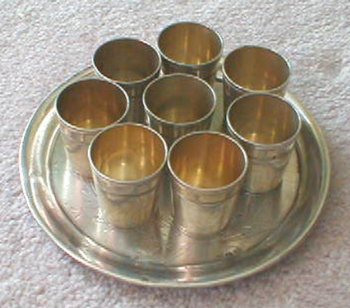 Set of 8 Silver Cups with Engraved Floral Tray