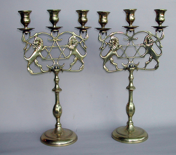 Matched Pair of Lion Candelabra with Stars of David