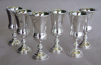 Matching set of 4 Russian Silver Kiddush Goblets with Heart decoration