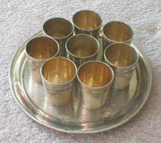 Set of 8 Silver Cups with Engraved Floral Tray